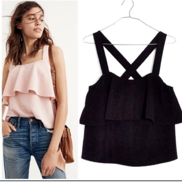 Womens TANK TOP BLACK MADEWELL TEXTURED AND TIERED RUFFLE CRISS CROSS BACK TANK - Picture 1 of 11